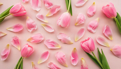 centered bunch of pink tulips & scattered petals on soft pink background.