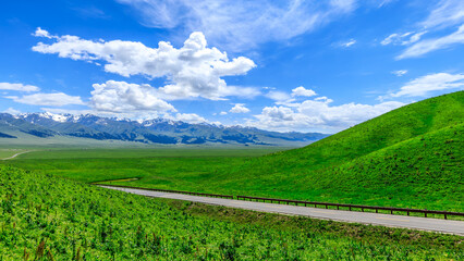 Asphalt highway road and green meadow with mountain nature landscape in Xinjiang, China.