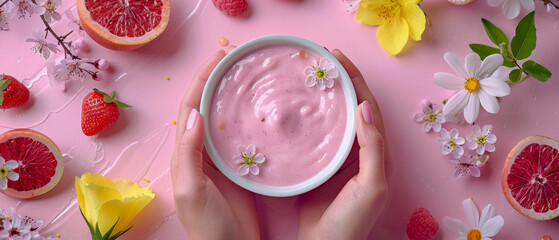 Person holds bowl of pink cream, flowers and fruit in the background
