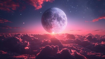 An early morning moon with pink clouds and a blue sky.