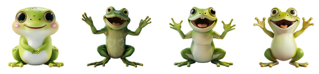 Fototapeta premium Set of 3D cute happy cartoon frog, isolated on white background, png