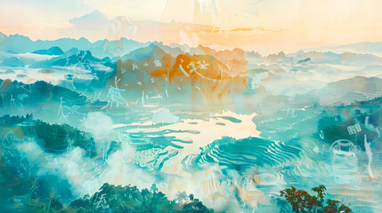 Asian Landscape Watercolor illustration, in traditional ink style: Majestic mountains in the background and a serene body of water in the foreground