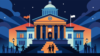 An immersive projection mapping display illuminating a historic courthouse with powerful symbolic images and quotes related to Juneteenth and the. Vector illustration