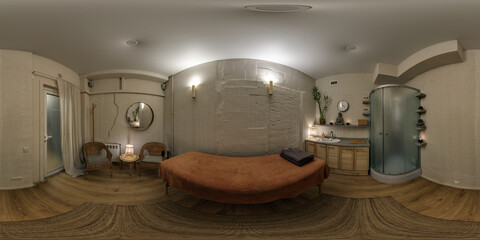 hdri 360 panorama view in stylish beauty spa and massage saloon in wooden room in equirectangular seamless spherical  projection.