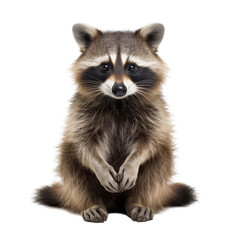 A raccoon is sitting on its haunches looking at the camera with a curious expression on its face.