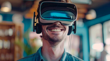 A man with a beard is wearing a green virtual reality helmet, smiling while immersed in the audio equipment, eyewear, sports gear gadget.