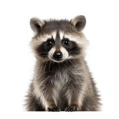 A baby raccoon looking at the camera with its big black eyes