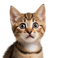 Obraz premium A cute tabby kitten with wide open eyes and mouth looks up in surprise.