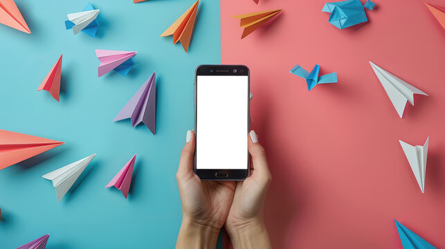 An overhead view of hands holding a smartphone with a blank screen surrounded by colorful paper airplanes and origami on a blue backdrop.
