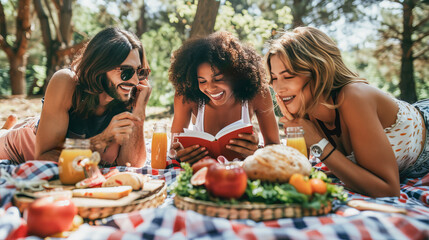 Happy young multiracial people having fun during pic nic day in nature eating healthy food and reading a book - Summer and friendship concept - Models by AI generative