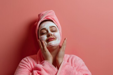 young plus size caucasian female with towel on head applying face mask, isolated on plain background, skincare portrait of woman after shower