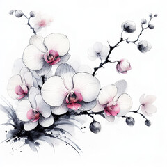 흰 배경, 흰색 동백꽃, 수묵화 (White background, white camellia, ink painting)