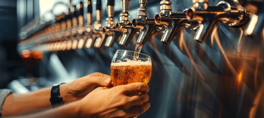 Obraz premium Close up of bartender s hands pouring beer from tap for a refreshing and satisfying drink experience