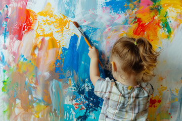 Curly cute little toddler girl painting with paint