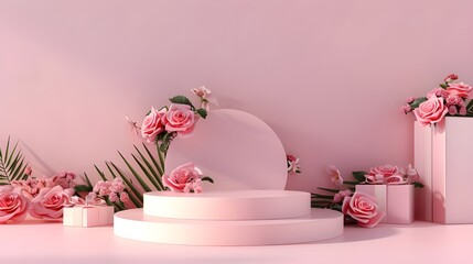 3D podium display, pastel pink background with rose flowers. Gifts and shadow