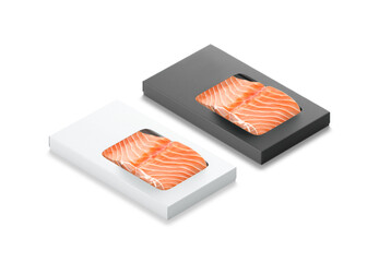 Blank black and white box pack with salmon mockup, isolated