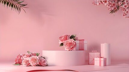 3D podium display, pastel pink background with rose flowers. Gifts and shadow