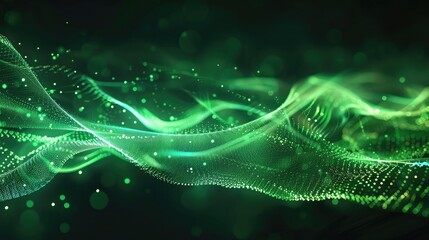 Green glowing magic waves from energy particles abstract background, Abstract, energy and green motion waves on a black background for wallpaper, design and eco science ,background with glowing lines 