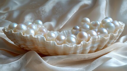 A background of silk fabric is dotted with freshwater pearls in a river shell. Large text space is available around the pearls.
