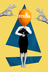 Trend artwork sketch photo collage of young business woman burnout depression tired stress banner air balloon explosion hand hols needle - obrazy, fototapety, plakaty