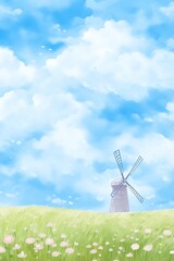 A traditional windmill set against a clear blue sky, its large blades turning slowly in the breeze, situated in a field of wildflowers, symbolizing renewable energy and rustic charm. cartoon drawing,