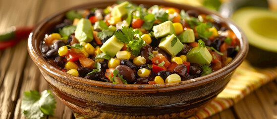 Bowl with variety of ingredients including corn, beans, cilantro, avocado