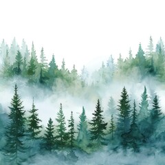 Watercolor illustration of a misty forest at dawn the air fresh and invigorating