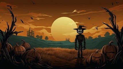 Pumpkinheaded Scarecrow Watches Over Cornfields as Harvest Moon Rises