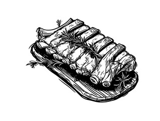 Grilled meat ribs on wooden board. Food of different countries. Black and white outline on white background. Hatching.