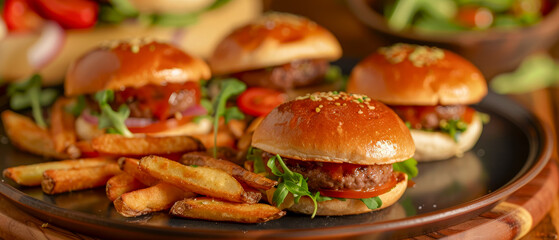 Close up plate of four mini burgers and crispy french fries