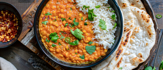 Top view bowl of red lentil dahl with white rice and tortillas