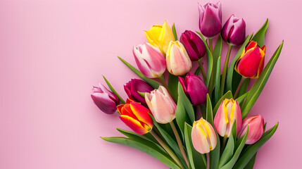 bouquet of tulips isolated on pink background Top view flat lay Happy Mother's Day, international women's day, Easter concept Holiday card with tulips flowers.