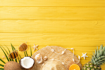 Beach vibes captured: Top-view shot of sunhat, shades, juicy tropical fruits, island trinkets, palm frond, seashells, starfish on vibrant wooden backdrop, leaving space for personalized message or ads