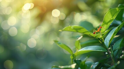 Fototapeta na wymiar Closeup red ant over green leaf in blurred nature background with sunlight. Generated AI image