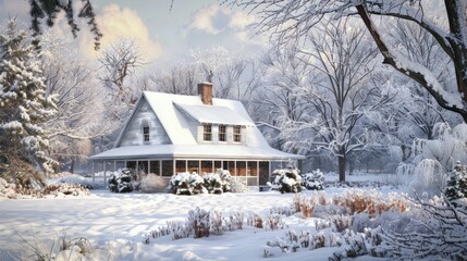 Snow-covered farmhouse during winter