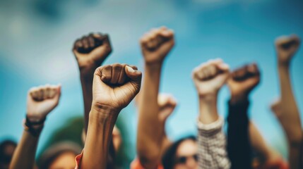 Multi ethnic people raising their fists up in the air. A group of people are joyfully raising their fists in the air while standing on the grass, showing solidarity and excitement