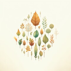 A collection of mixed leaves from various trees, arranged in a creative pattern against a white background, highlighting the diversity of shapes and textures in nature. cartoon drawing, water color st