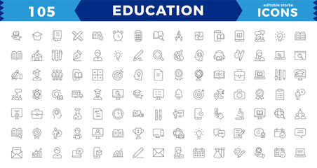 Education Line pixel Perfect Icons set.modern thin line style of school icons: school subjects, supplies, science, and online learning. Isolated on white editable stroke icons.