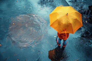 A boy standing at the edge of a puddle, while holding onto his umbrella and wearing a raincoat.