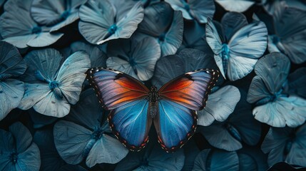 A blue butterfly with warm-toned wings rests on cool blue hydrangea flowers, a striking image of contrast and harmony in nature.