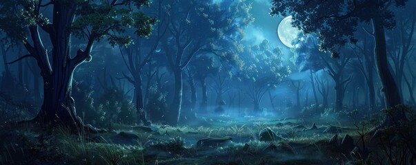 Night forest landscape moonlight casting shadows