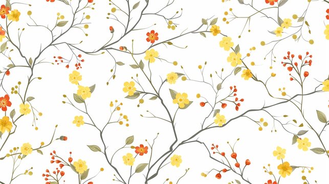 A charming seamless pattern showcasing intricate thin branches adorned with delicate yellow and red wildflowers and tiny green leaves.