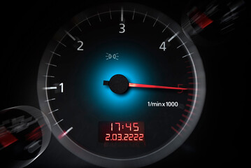 Car speedometer. High speed on a car speedometer and motion blur.