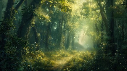 Obraz premium Enchanted forest path sunlight filtering through tall trees