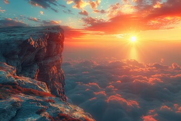 The view from a rugged cliff top at sunset with a sea of clouds below, illuminated by the rich colors of the setting sun