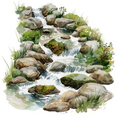 Clipart of a forest stream watercolor flowing water with stones and moss