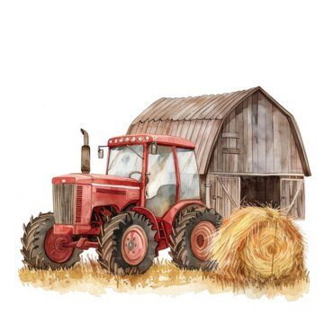 recommend clip art: Clipart of a vintage tractor in front of a hay barn watercolor nostalgia and farm life