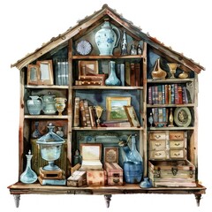 Clipart of a farmhouse attic filled with antiques and heirlooms watercolor treasures of the past