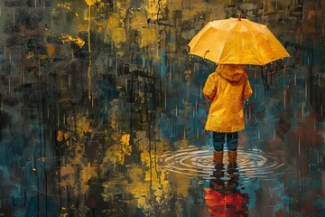 A boy standing at the edge of a puddle, while holding onto his umbrella and wearing a raincoat.