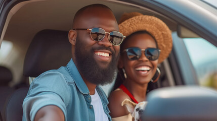 Smiling African Couple and Their Dog Enjoying a Car Drive.